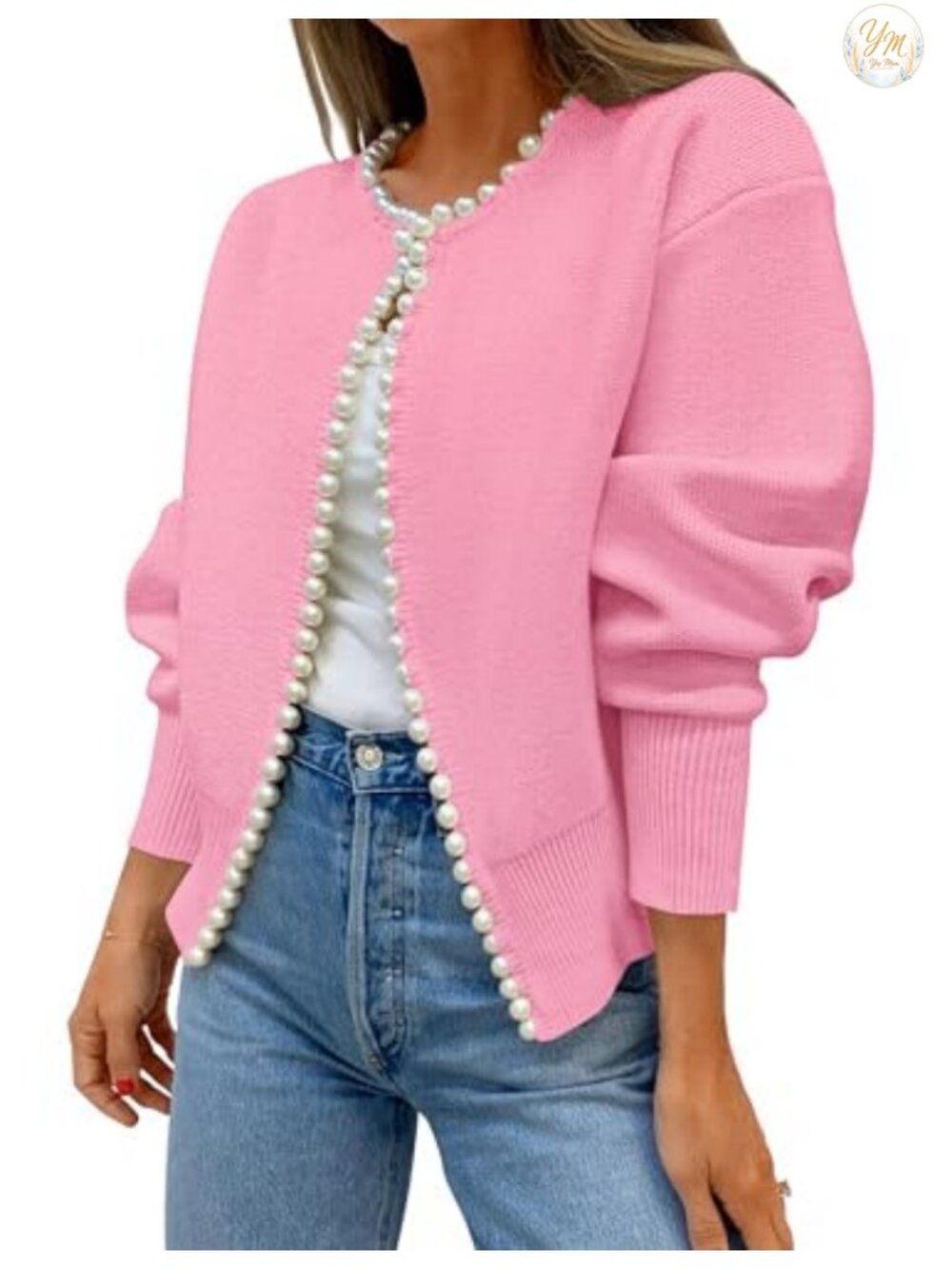 Pearl Trim Open Front Cardigan Sweater Long Sleeve Knit